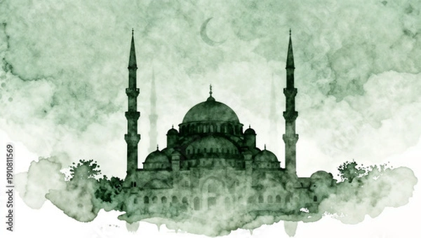 Obraz Watercolor Mosque Reflection Deep Green Theme