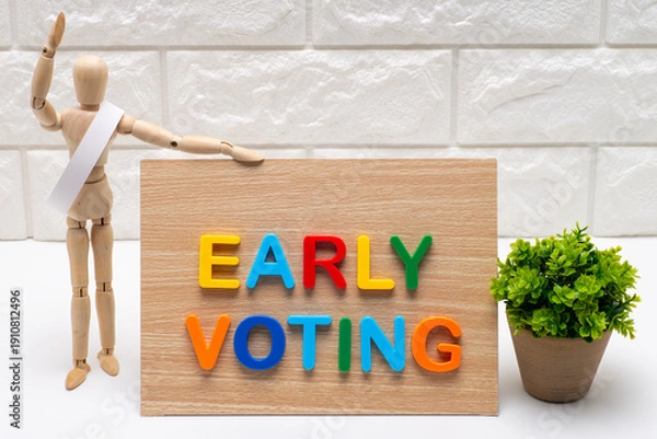 Obraz タスキを掛けた選挙の候補者と期日前投票の文字