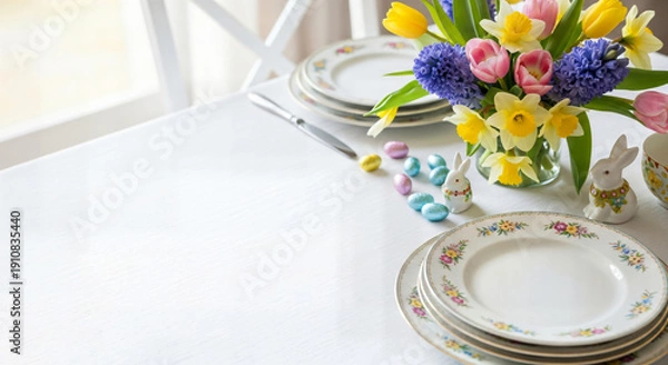 Obraz Happy easter sunday table setting with tulips and easter eggs decorations