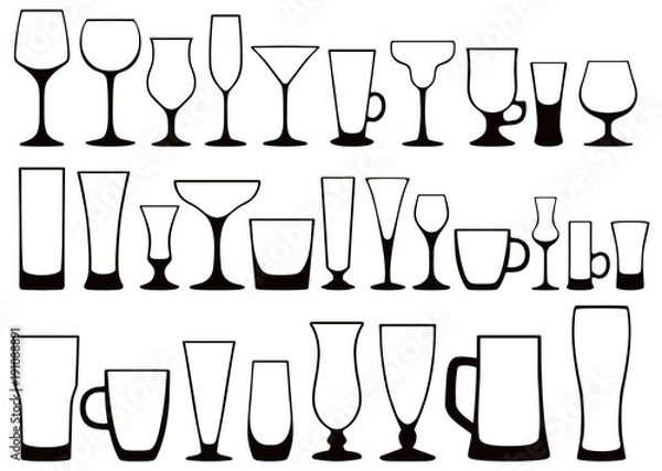 Fototapeta Set of silhouettes of different glasses for drinks. Vector