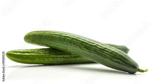 Fototapeta Two European cucumbers (burpless, seedless, hothouse, gourmet, greenhouse or English cucumber) isolated on white background.