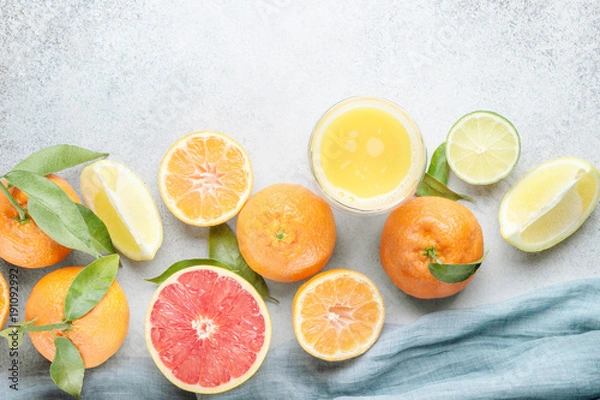 Fototapeta Fresh fruits. Citrus background. Mandarin, grapefruit, lime, tangerine, lemon. Top view
