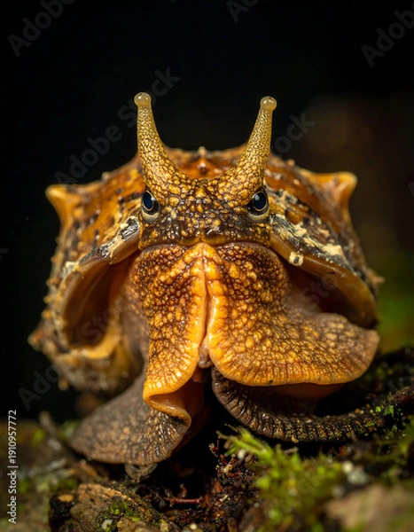 Obraz Spiky shell creature facing front, eyestalks erect, textured skin, dark background