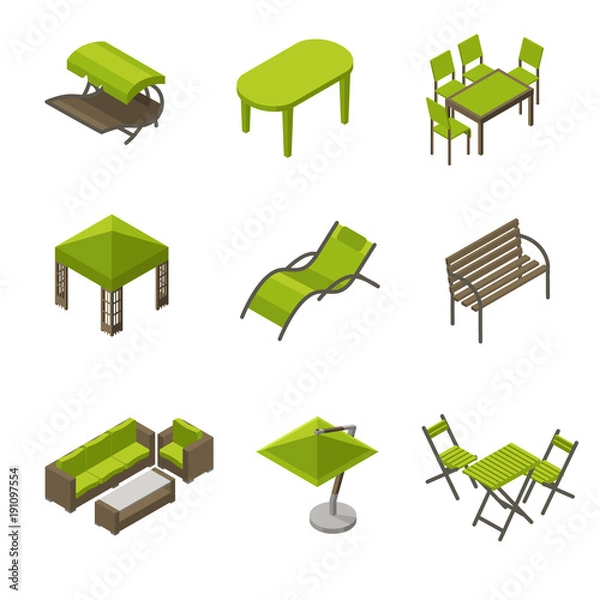 Obraz Icon set of garden furniture in isometric style / Isometric icons of garden furniture as umbrella, wooden and plastic tables, swing and awning
