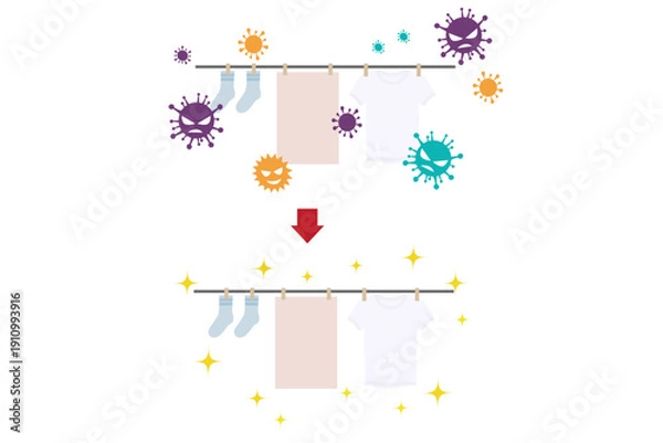 Obraz 花粉が付着した洗濯物の比較イラスト｜洗濯前後を表すベクター素材