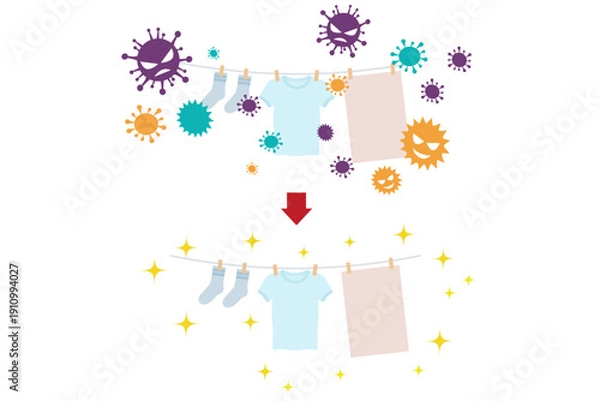 Obraz 花粉が付着した洗濯物の比較イラスト｜洗濯前後を表すベクター素材