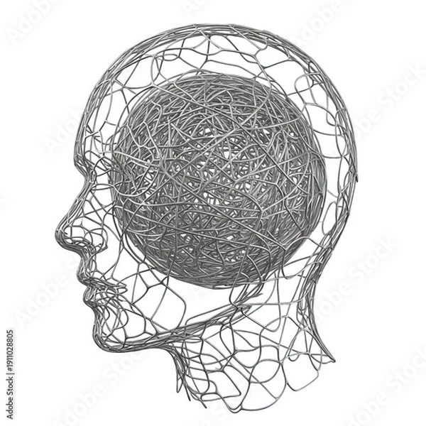 Fototapeta Wireframe human head with tangled brain