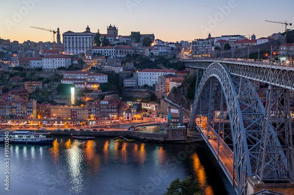 Fototapeta Evening view at Porto, Portugal. View at Ribeira and Dom Luis I Bridge.