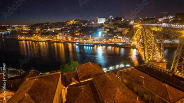 Fototapeta Evening view at Porto, Portugal. View at Ribeira and Dom Luis I Bridge.