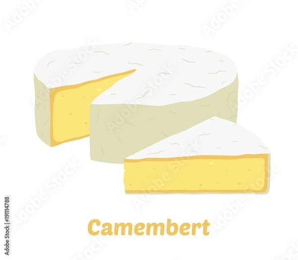 Obraz Vector camembert cheese block, triangle piece. Slice, chunk. Cartoon flat style.