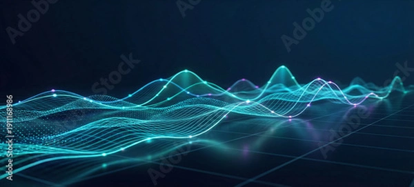 Obraz Neon Waveforms Over a Grid: Abstract Digital Light Field for Technology and Data Visualization.