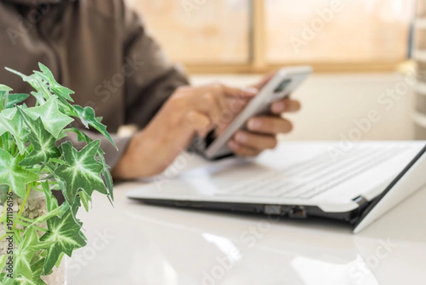 Obraz 窓際の明るい室内でテレワークをする男性のイメージ（手前の植物にピント、顔無し）_スマホ 