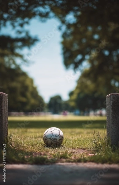 Obraz Soccer ball between posts on grassy field