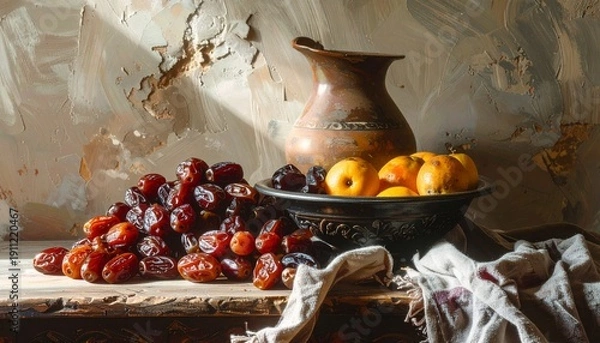 Obraz Still Life with Dates, Apples, and Earthenware Pitcher.