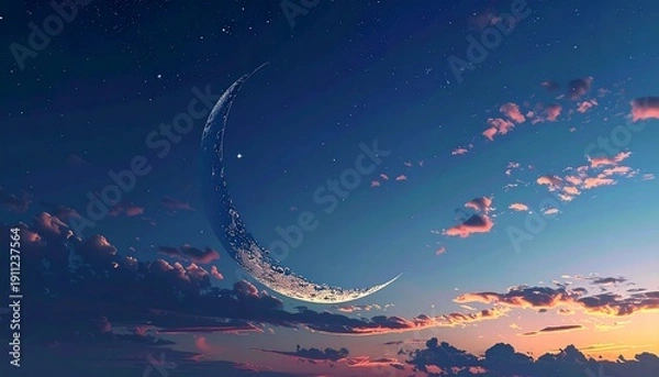 Obraz Serene Night Sky with Crescent Moon and Cloudscape.