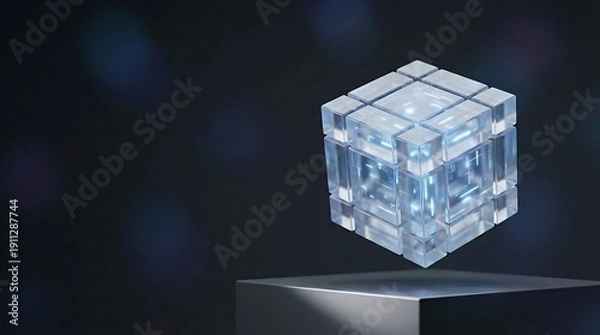Obraz Abstract Crystal Cube Floating Above Dark Pedestal.