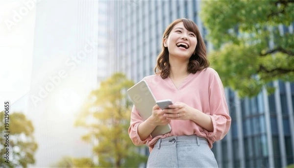 Obraz オフィス街で大笑いするピンクブラウスの女性