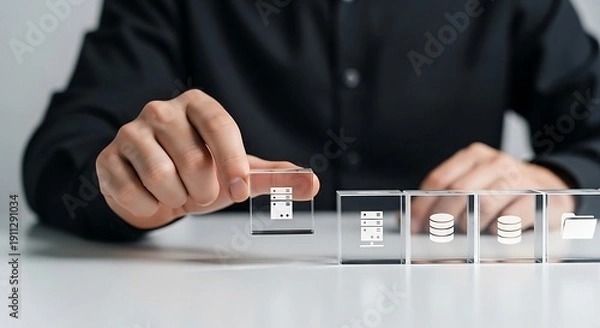 Obraz Mans Hand Selecting Digital Data Cubes on a Table.