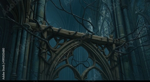 Obraz Intricate wooden structure within a dark gothic architectural setting