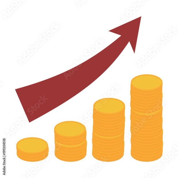 Obraz 右肩上がりに成長するコインのグラフと赤い矢印
