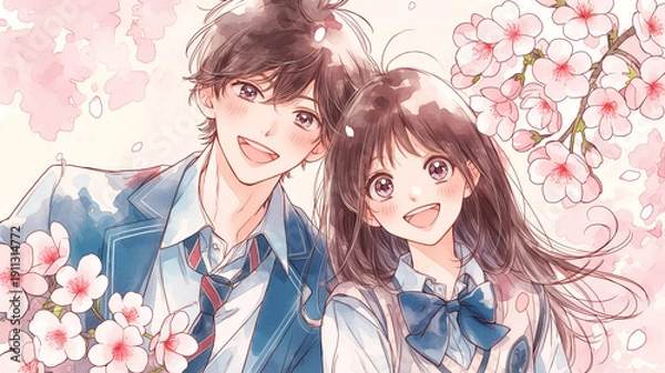 Obraz 桜満開の春、高校生カップルが手をつないで笑い合う青春のワンシーンを描いたイラスト素材。卒業、入学、友情や恋愛の雰囲気を盛り込んだ作品です。