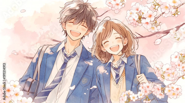 Obraz 卒業や入学、春の行事シーンにぴったりな学生カップルのイラスト。桜の舞う背景と自然な笑顔が青春の輝きを表現した、感情を引き出す構図です。