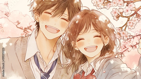 Obraz 桜咲く春の季節、高校生活の青春と恋愛を描いたイラスト素材。笑顔あふれる制服の男女のカップルが桜並木の下を歩く、出会いと別れのドラマに最適な構図。