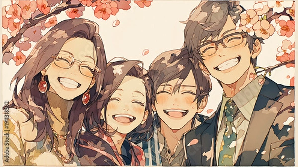 Obraz 花びら舞う春の公園で仲良く家族の姿を描いた温かみあるイラスト素材家族愛や団らんをテーマにした動画シーンにも使いやすい春背景