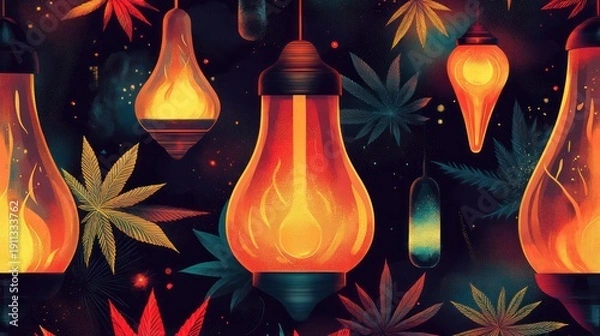 Fototapeta Psychedelic Cannabis Leaf and Light Bulb Pattern.
