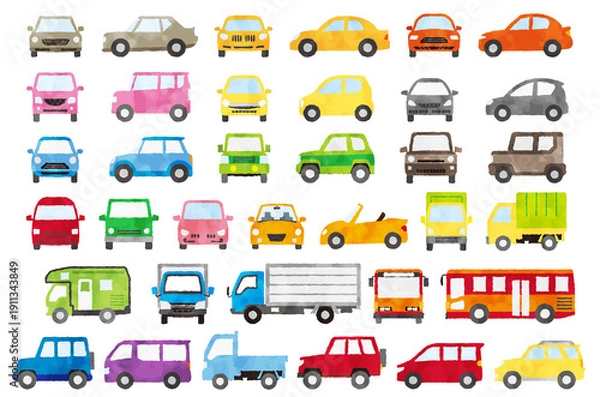 Obraz 水彩風で描かれたカラフルな車のイラストセット（正面・横）白バック／乗用車・トラック・バス・キャンピングカー