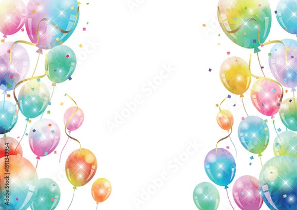 Obraz 風船フレーム、虹色、キラキラ、かわいい、横、水彩