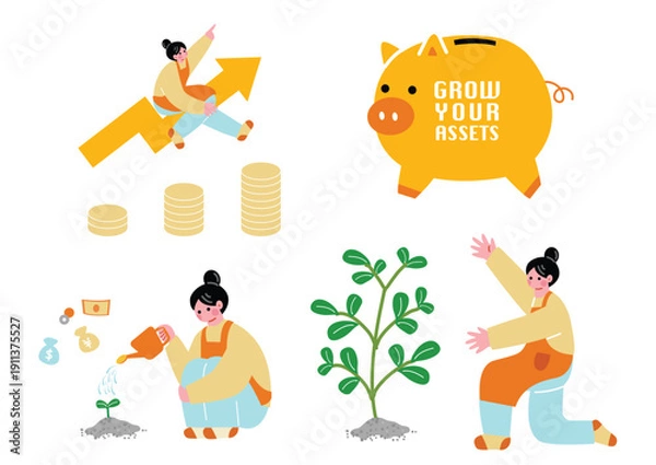 Obraz 投資で資産運用する主婦のイラストセット