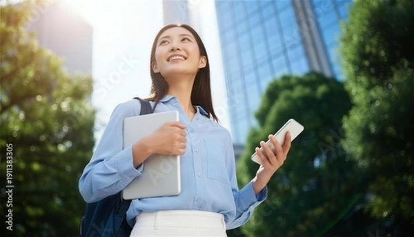 Obraz オフィス街でノートパソコンとスマートフォンを持ち見上げる女性