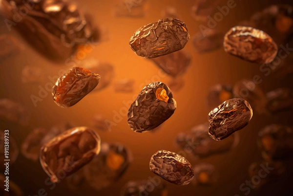 Fototapeta Falling dried dates fruit on brown background