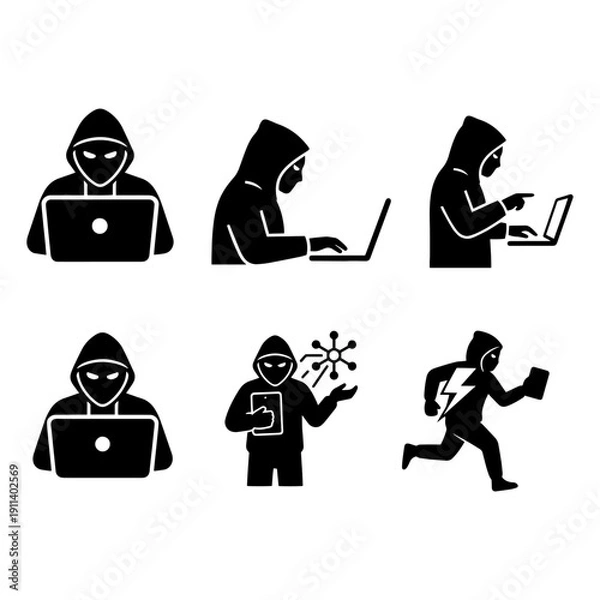 Obraz Computer Hacker on Laptop Silhouette Pack - Cyber Security and Coding Hacker Vector Illustration Set