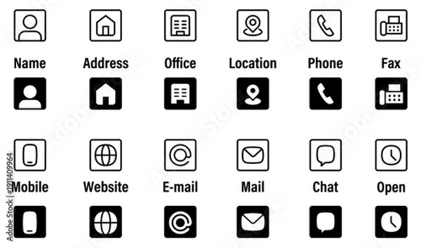 Fototapeta 名刺・ビジネスカード用連絡先情報アイコン・マークセット角丸枠