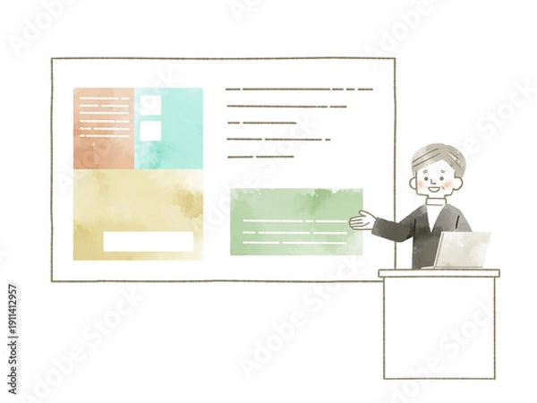 Obraz スクリーンやホワイトボードを使って説明をする男性-水彩