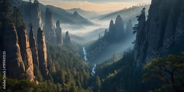 Obraz River winding through rocky peaks