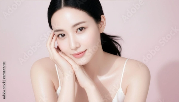 Obraz やわらかな血色感と艶肌が映えるビューティースタジオショット、清潔感と信頼感を演出するナチュラルスキンケア広告向けポートレート