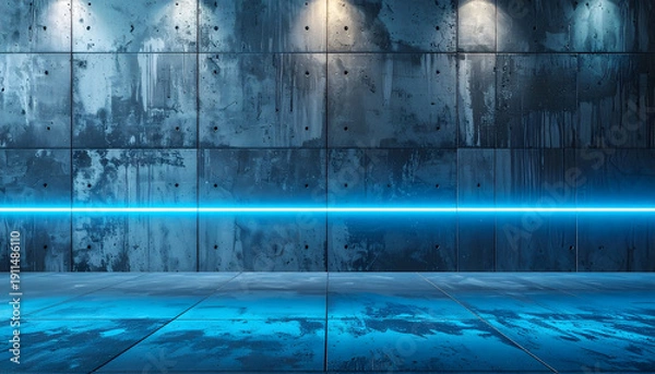 Obraz グレーコンクリート壁に青い発光ライン