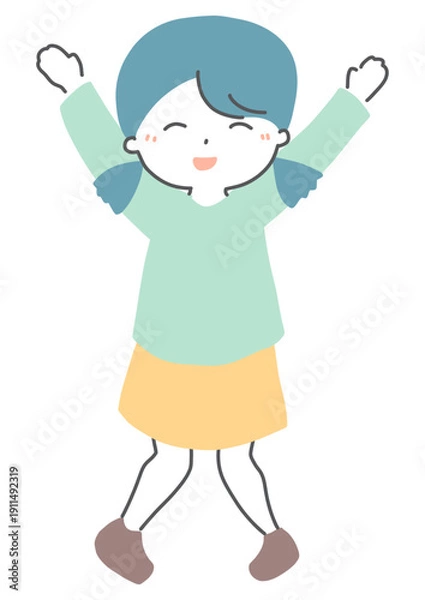 Obraz 笑顔でバンザイをする女の子　イラスト