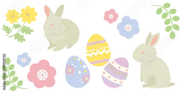 Obraz イースターエッグとうさぎの花いっぱいの春イラスト