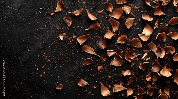 Obraz Garlic skins scattered on dark surface