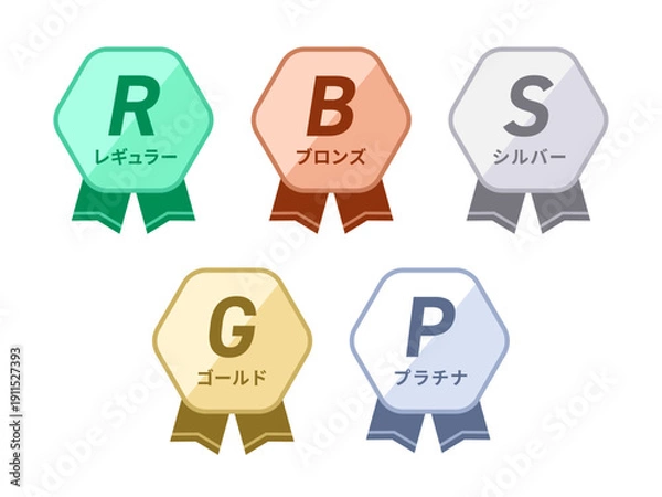 Obraz フラットなデザインで構成された、ミントグリーン、テラコッタ、アッシュグレー、シャンパンゴールド、スカイシルバーの5色で構成された、角丸の六角形と2股のリボンが特徴的なフラットデザインの会員ランクを表現するためのバッジセット