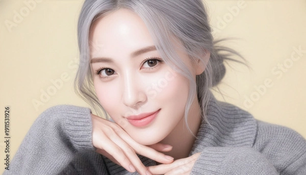 Obraz 透明感あふれる上質な素肌と柔らかな微笑みを表現した女性のビューティーポートレート、高保湿スキンケア広告に適した上品で信頼感のあるイメージ素材