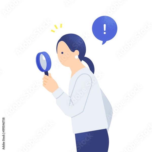 Obraz 虫眼鏡で詳細をチェック。調査で気付きを得る女性のベクターイラスト素材。