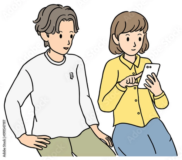 Obraz 一緒にスマホを見る若い男女　イラスト