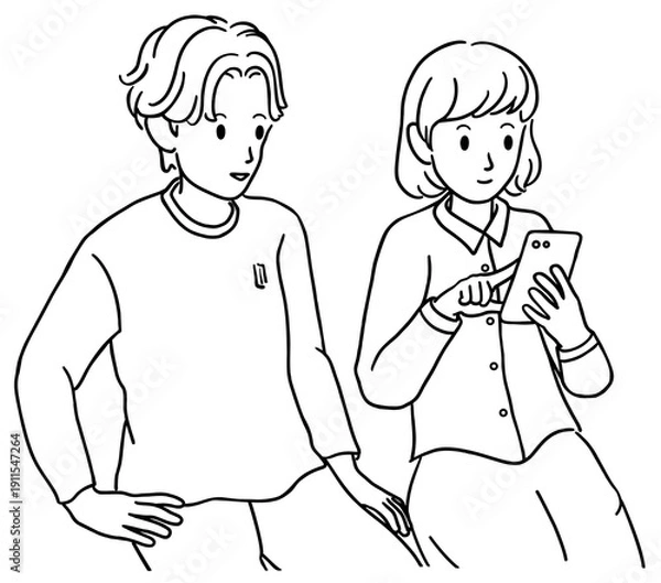 Obraz 一緒にスマホを見る若い男女　線画