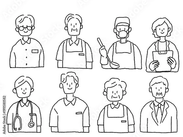 Obraz 福祉、医療、介護、職業のイラスト（介護士、ヘルパー、ケアマネ、看護師）、線画
