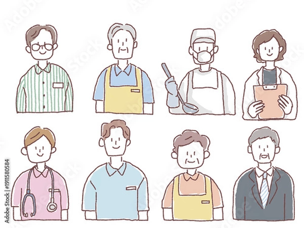 Obraz 福祉、医療、介護、職業のイラスト（介護士、ヘルパー、ケアマネ、看護師）